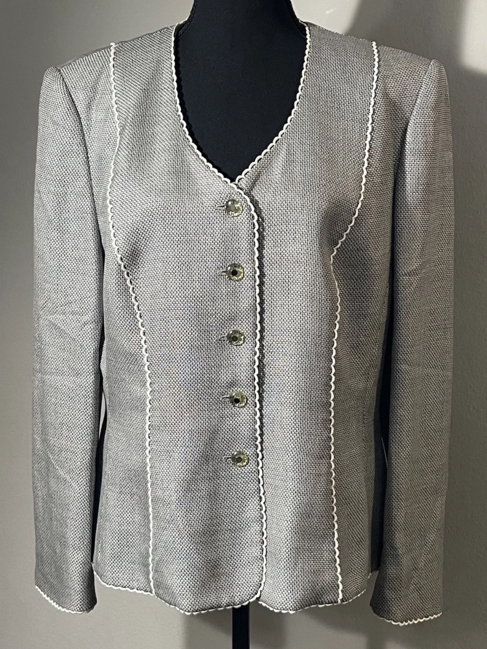 Vtg Escada Margaretha Ley Gray Woven Blazer Jacket Ric-Rac Wave Trim Size M/L